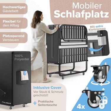 Розкладне ліжко ELONEO 80x200 см з преміум-матрацом, металевий каркас, витримує до 250 кг, гостьове ліжко на колесах з захисним чохлом