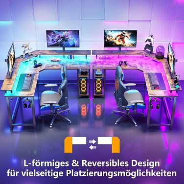 Кутовий стіл Rolanstar з RGB-підсвіткою та розетками, 135 см, для комп'ютера з підставкою для монітора та полицею, реверсивний, з 2 гачками, для спальні/офісу, вінтажний коричневий, 134,5 x 134,5 x 86,2 см