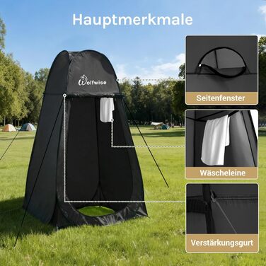 Складаний душовий та роздягальний намет WolfWise для кемпінгу та пляжу, водонепроникний з UV-захистом, 190x100 см, чорний
