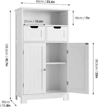 Шафа для ванної кімнати HOCSOK, 2 ящики та 2 дверцята, регульовані полиці, для ванної кімнати, вітальні, спальні, білий