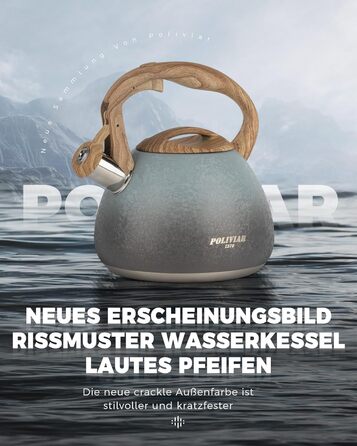 Індукційний і газовий чайник Poliviar 2.5 л, нержавіюча сталь, дерев'яна ручка, синьо-сірий дизайн