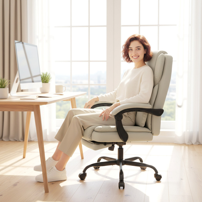 Офісний стілець з оббивкою з екошкіри, приємною для тварин, з підставкою для ніг, регульованою по висоті, на коліщатках, бежевого кольору.