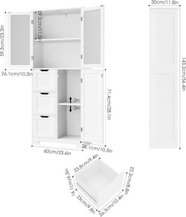 Тумба для ванної кімнати, 3 дверцята та 3 шухляди, білий, 143.2x60x30см, сучасний стиль