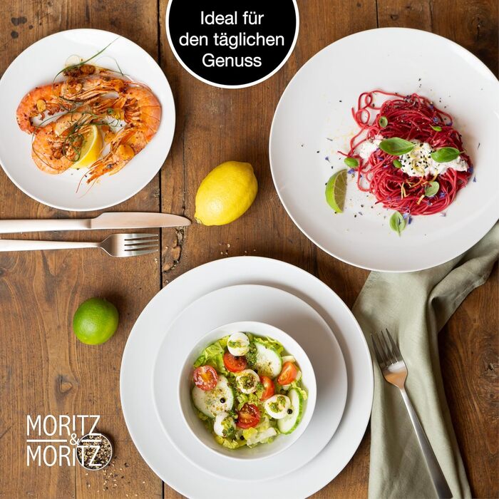 Набір посуду Moritz & Moritz BASIC 18 предметів для 6 осіб - сучасний дизайн, якісне порцелянове покриття, білий колір. Включає: 6 тарілок для вечері, 6 десертних тарілок, 6 мисок.