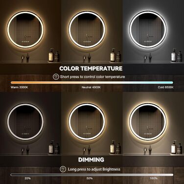 Дзеркало для ванної кімнати Dripex круглої форми з підсвічуванням LED, сенсорне управління, регулювання яскравості, 3 кольори світла, запобігання запотіванню, 50x50 см