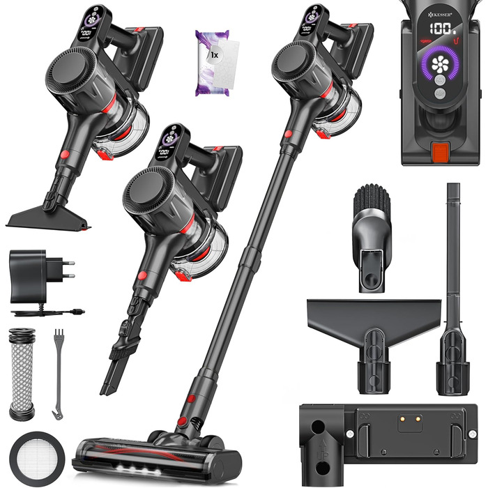 Бездротовий акумуляторний пилосос KESSER® з LED дисплеєм та аромакапсулою | Бездротовий пилосос без мішка з антизаплутаною насадкою, HEPA-фільтром, час роботи до 60 хвилин, для твердих поверхонь та килимів, чорний/червоний