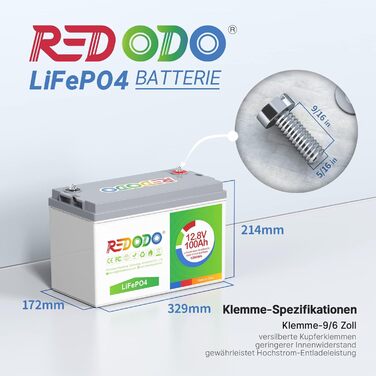 Акумулятор LiFePO4 Redodo 12V 100Ah, 100A BMS, 4000-15000 циклів, 1280 Вт, заміна свинцево-кислотних