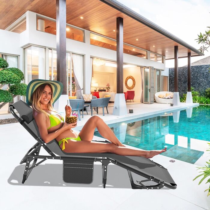 Лежанка для відпочинку MOPHOTO, розкладна для саду з матрацом, регульована спинка та підніжка, портативна, для дому та вулиці, складна (зелене дитяче ліжко, килимок) (чорний + синій)