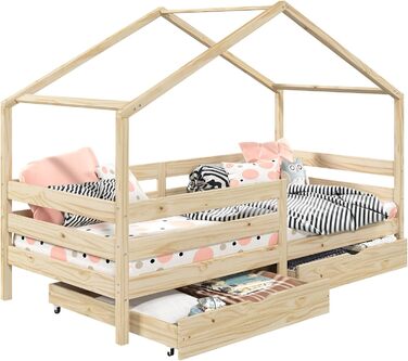 Ліжко IDIMEX house ENA з масиву сосни, красиве ліжко Монтессорі 90 х 200 см, дитяче ліжечко із захистом від падіння, стійке ігрове ліжко з дахом і 2 ящиками в (натуральне)
