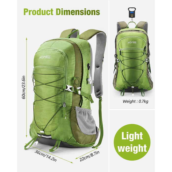 Туристичний рюкзак HOMIEE 45L, чоловічий жіночий водонепроникний рюкзак, туристичний рюкзак, дорожній рюкзак, вуличний рюкзак зі світловідбиваючими смугами для піших прогулянок, їзди на велосипеді, скелелазіння, альпінізму та подорожей, спорту (зелений)