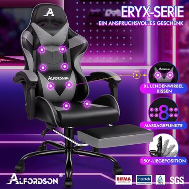 Ігровий крісло ALFORDSON з підніжкою, масажем та регулюванням на 150°, чорний (серія Eryx)