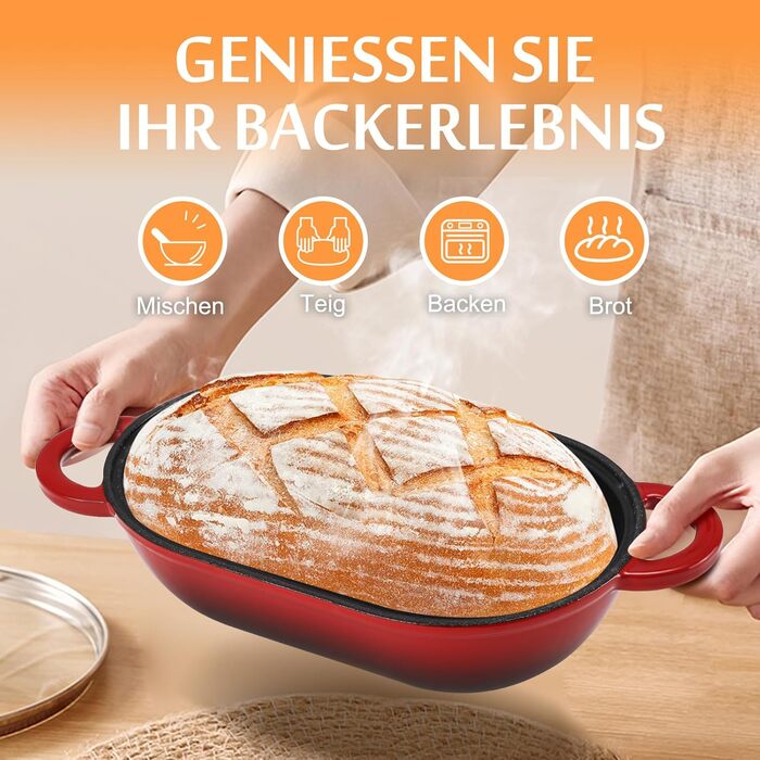 Форма для випікання хліба з кришкою Gusseisen, 23 см, емальоване чавунне ведро, 2.75 л, підходить для духовки (переливи синьо-зеленого та червоного кольорів)