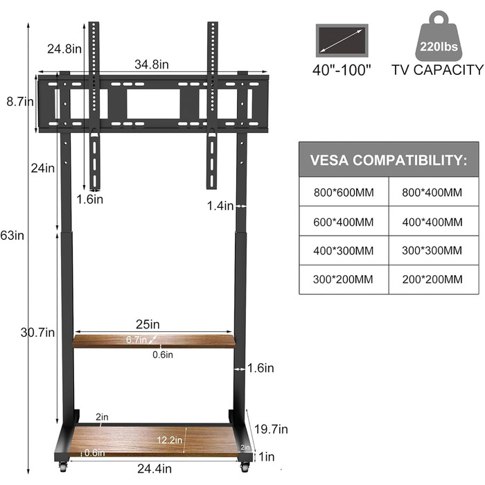 Підставка для телевізора Boden 40-100 дюймів з поличкою та колесами, VESA 800x600, до 100 кг