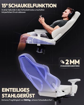 Ігровий крісло Dowinx для геймерів Esport, ергономічний офісний крісло з підлокітниками 4D та масажем попереку, витримує до 200 кг, регульована висота (білий)