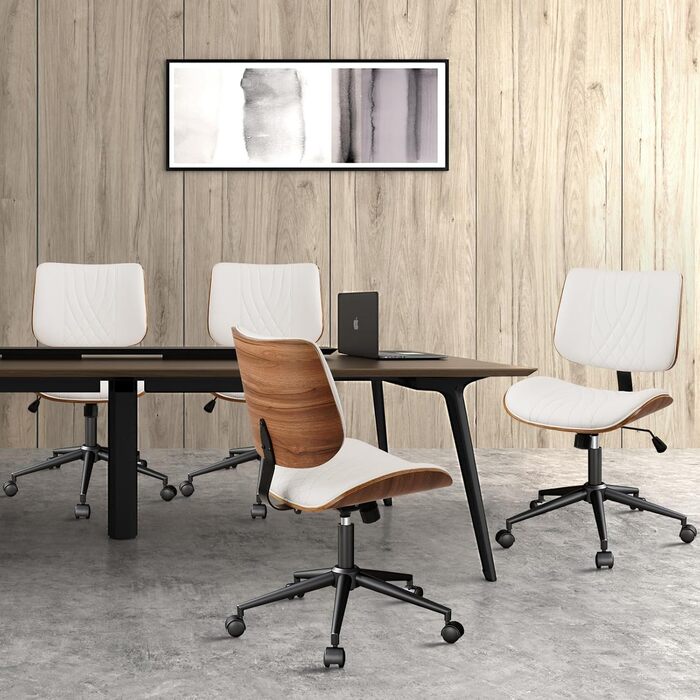 Крісло офісне без підлокітників Clatina з роликами, регульоване по висоті, шкіряне, поворотне, для комп'ютера, середньою спинкою, сучасний стиль горіхового дерева, для home office, робочого кабінету, конференц-залу, біле (білий, набір 4 шт.)