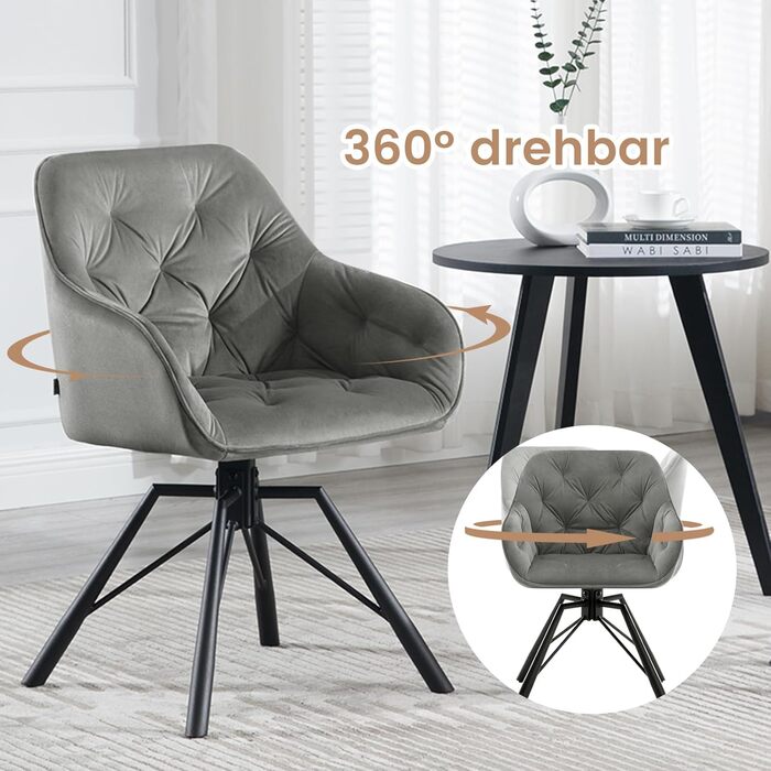 WOLTU Комплект з 4-х обертових стільців для їдальні, з підлокітниками, 360° обертання, для кухні та вітальні, з м'яким оксамитовим покриттям, сірий