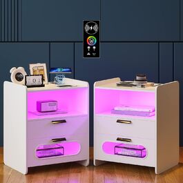 Приліжкова тумбочка Lvifur RGB LED, 2 висувні ящики, сенсор, 20 кольорів, бездротова та USB-зарядка (набір з 2 білих)