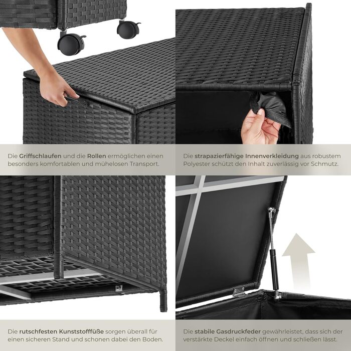 Скриня для саду Tectake з ротангу, чорна, 297л, водонепроникна, на колесах, для тераси та балкону 117x54x64 см