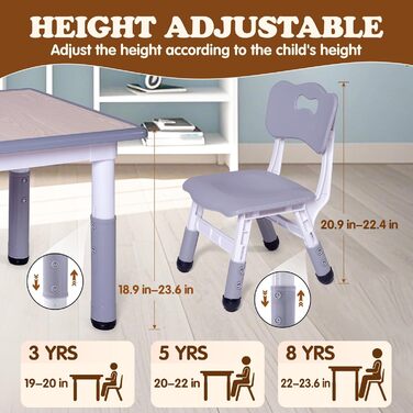 Дитячий стіл JoyHood з 2 стільцями - регульована висота. Набір дитячих меблів для дітей 3-8 років. Сірий колір. Підходить для школи, дитячого садка, дому.