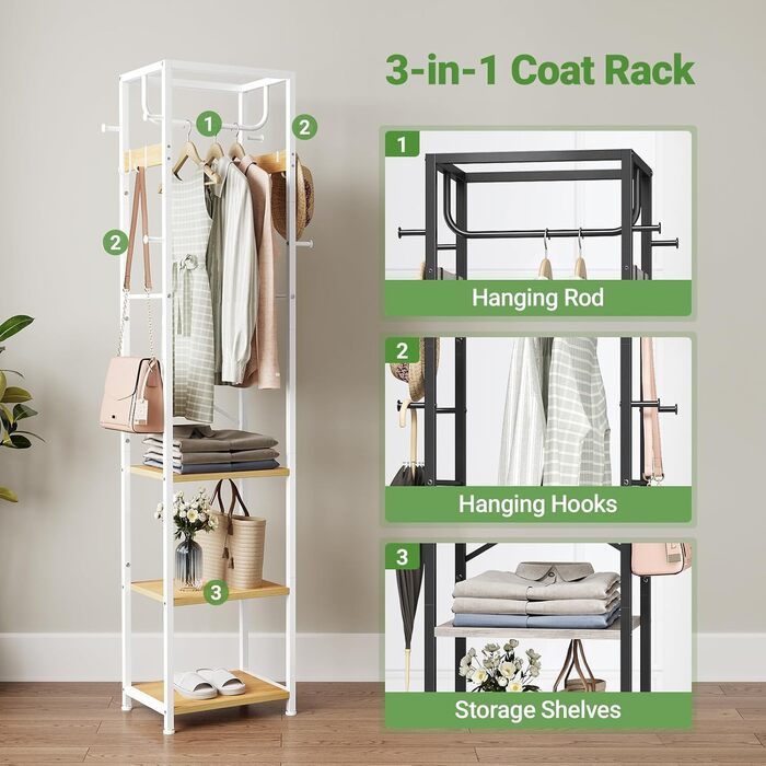 Підставка для одягу ELYKEN: вільна, з 3 полицями та 12 гачками, для прихожей, спальні, офісу. Органайзер для шапок, пальто, шарфів. Натуральне дерево