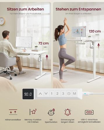 Стол для роботи VASAGLE з регулюванням висоти 160x80 см, USB-C, підставка для розеток, стоячий стіл, нагадування про перерви, 3 пам'яті, для офісу, матовий білий
