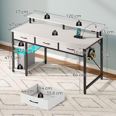 Комп'ютерний стіл Rolanstar з шухлядами, розетками та LED підсвіткою, геймінговий стіл з підставкою для монітора, полиця та 2 гачки, для офісу та вітальні (білий, 100x47x90,5 см)