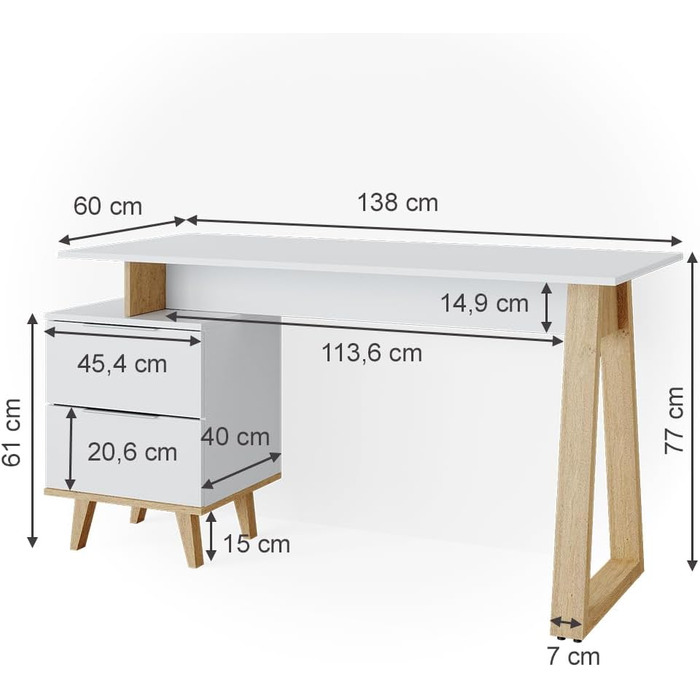 Письмовий стіл Vicco Nautica, білий/дуб, 138 x 60 см з шухлядами XL (письмовий стіл L)