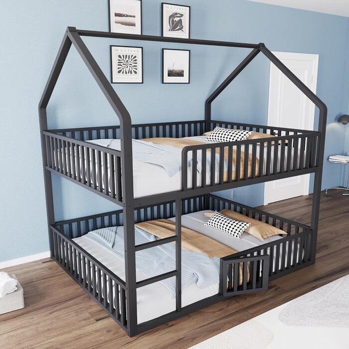 Двоярусне ліжко 140x200 см для 2 дітей, з будиночком, сходами та дверцятами, металеве, з захистом від падіння та ламелями (чорне)