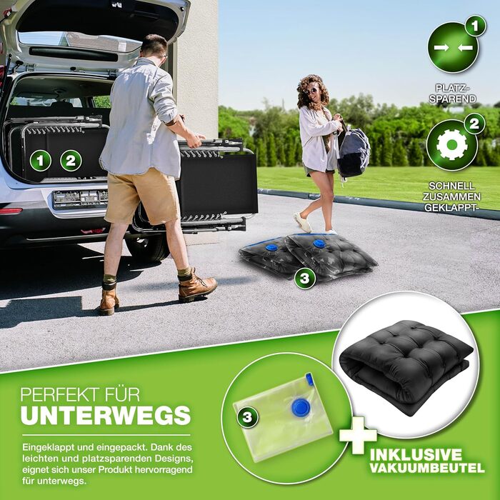 Розкладний шезлонг Tillvex® для саду та відпочинку | Макс. 200 кг, регульований, з товстим матрацом та подушкою для шиї | Чорний