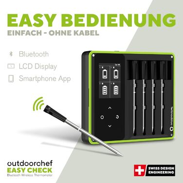 Термометр для гриля Outdoorchef Easy Check Quadro з Bluetooth, 4 датчики, 200м, для миття в посудомийній машині, з магнітною док-станцією