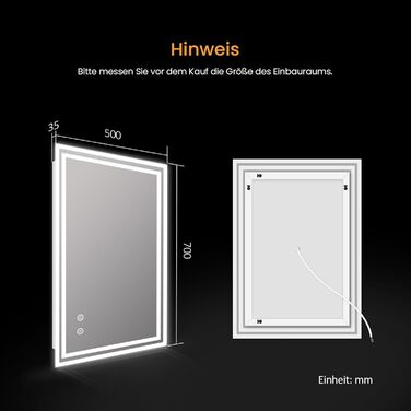 Дзеркало для ванної кімнати EMKE з підсвічуванням 50x60 см, з антизапарюванням, 2 кольори світла (тепле/холодне), LED, сенсорне управління