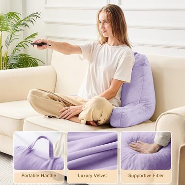 Підкуштуник Sasttie з велюровою спинкою, подушка для підтримки спини для дорослих з підлокітниками, для читання в ліжку, на дивані, на підлозі, в гуртожитку, аксесуар для читання, персиковий (18 дюймів, лаванда)