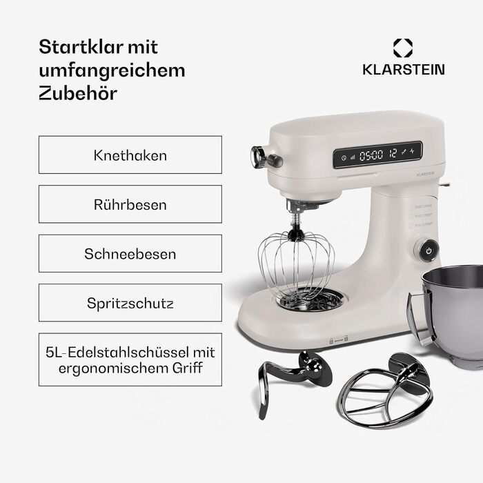 Кухонна машина Klarstein Chiara 1600W з чашею 5L з нержавіючої сталі, 12 швидкостей, LCD-сенсорний дисплей, тиха робота ≤72 dB, набір для випічки, що підходить для миття в посудомийній машині, корпус з алюмінію методом лиття під тиском