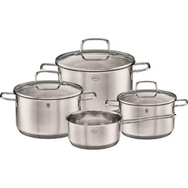 Набір каструль RÖSLE Basic Line 4 шт. з нержавіючої сталі 18/10, склокришки, зручний бортик, індукційне дно, придатний для миття в посудомийній машині, сріблястий/чорний