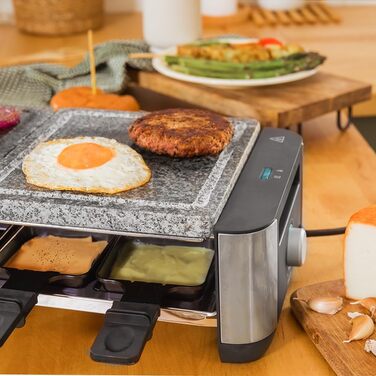 Електричний гриль-ракушетка Cecotec Raclette Cheese&Grill 16000 Inox на 8 осіб, 1400 Вт, з регулюванням температури, 2 грильні пластини (алюміній 20x22 см та натуральний камінь 20x22 см), 8 сковорідок та 8 лопаток