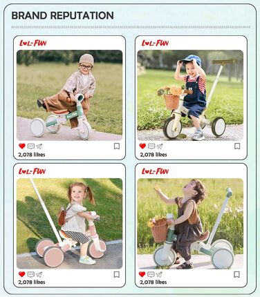 Дитячий біговел-триколіс LOL-FUN 5-в-1 з ручкою для штовхання, зелений оливковий, для хлопчиків та дівчаток від 1 року