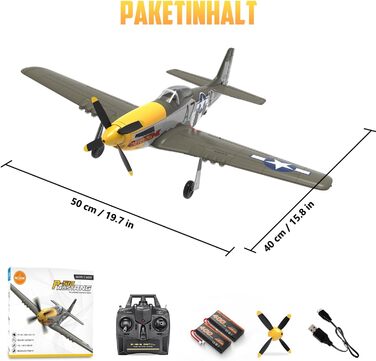 RC літак HAWK'S WORK P-51D Mustang 2.4GHz - Готовий до польоту, 6-осьовий гіростабілізатор, для дітей та початківців (зелений, безщітковий)