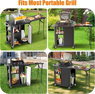 Гриль-возна Гриль-стіл з відкидним столиком, вулична кухня з гачками, полицею та шафкою, сервізний візок на колесах, чорний (143×37×89 см)