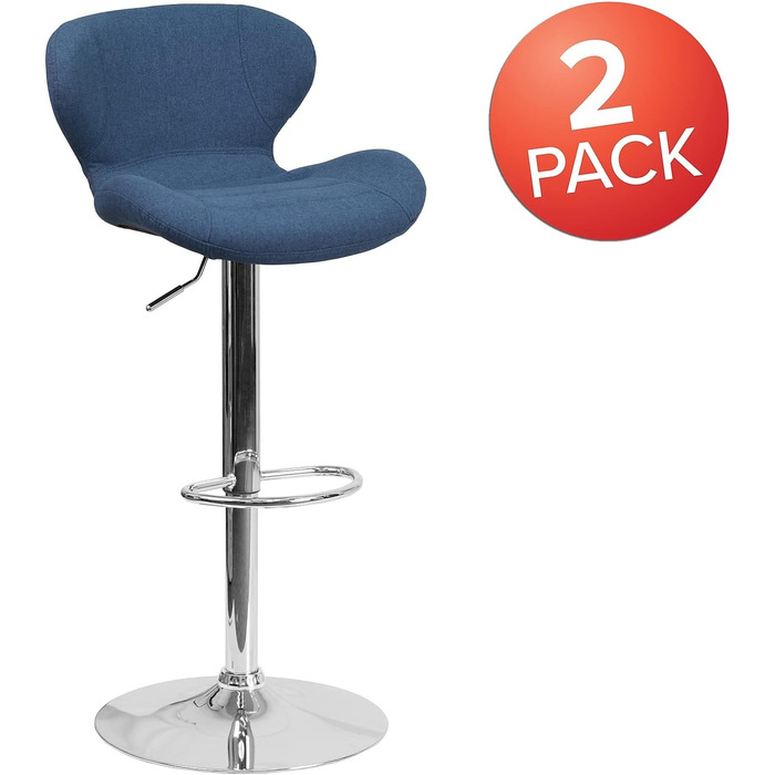 Барний стілець Flash Furniture Denville, тканинний, регульований по висоті, з вигнутою спинкою та хромованою основою, 2 шт., блакитний