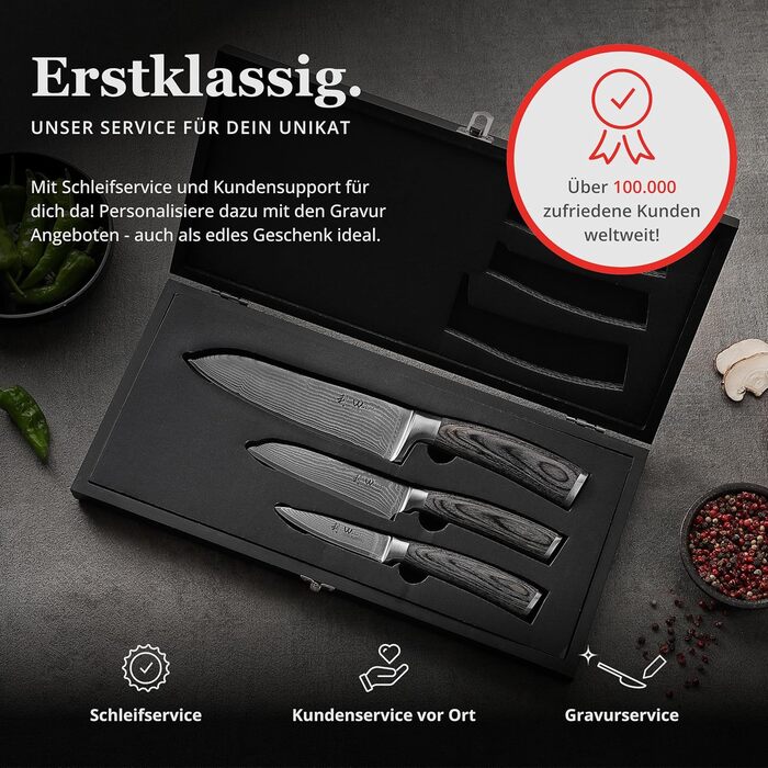 Набір кухонних ножів Wakoli Edis Damast: Сантоку великий та малий, ніж для овочів, універсальний ніж з 67 шарів дамаської сталі (серцевина VG10), ручка з паккавуда, в дерев'яній коробці