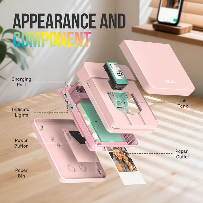 Портативний міні-фотопринтер Nelko PP01: кольоровий, для смартфонів iOS & Android, з 20 фотопапером, наклейки, рожевий