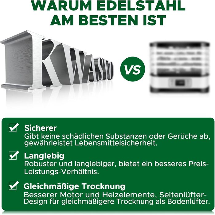 Електросушарка для овочів, м'яса та фруктів Kwasyo з нержавіючої сталі, 8 ярусів, 6 листів для сушіння, рецепти, без BPA, 30–90°C, до 24 год
