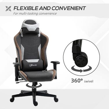 Крісло ігрове Vinsetto Ergonomic з регулюванням висоти, підголівником та підтримкою попереку, сірий