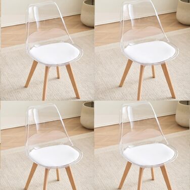 6 стільців для їдальні в сучасному стилі, кухонні стільці з м'яким сидінням та буковими ніжками для спальні, вітальні, їдальні, кухні – (прозора + біла подушка з PU шкіри, набір з 4 шт.)