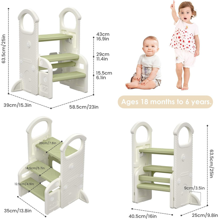 Триттхокер Hoopyosms для дітей, 2/3-рівневий, регульована висота, складаний, з поручнями, антиковзаюча поверхня, для ванної та кухні, підходить для малюків (зелений)