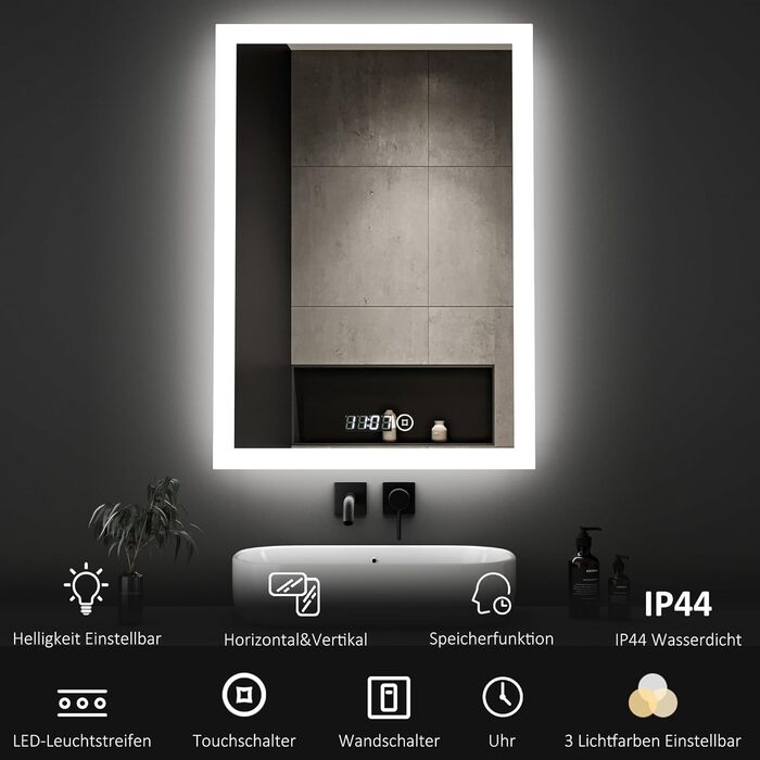 Дзеркало для ванної кімнати з підсвічуванням та годинником 50x70 см. LED дзеркало з сенсорним керуванням, 3 кольори світла, регулювання яскравості, 2470LM, стиль JB