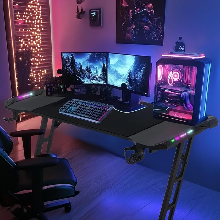 Ігровий стіл 120x60 см з LED Z-подрофкою, карбоновим покриттям, тримачем для напоїв та гачком для навушників. Стабільний та ергономічний стіл для геймерів та офісу.