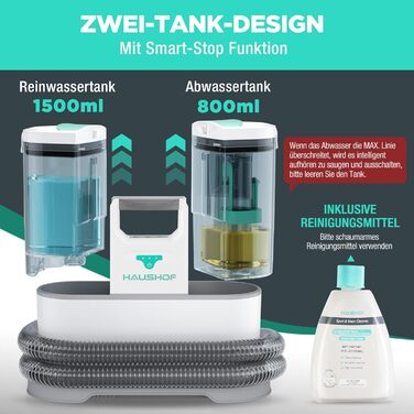 HAUSHOF StainZapper Pro: мийка для килимів та меблів, 450W, 12kPa, 1.5+0.8L, з миючим засобом та щіткою для швів. Ефективний видалення плям з килимів, диванів, меблів та авто.