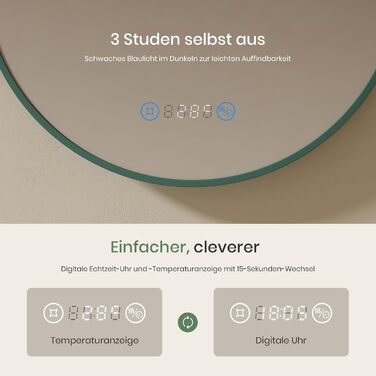 Круглий дзеркало для ванної кімнати EMKE з підсвічуванням 60 см - з антизапарюванням, регулюванням яскравості, годинником, індикатором температури, сенсорним керуванням, функцією пам'яті, енергозберігаючий. Розмір: 80x80 см.