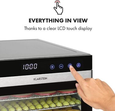 Електричний дегідратор Klarstein Flavour Dry з нержавіючою сталлю, 6 решіток, LCD-дисплеєм, таймером та 360° циркуляцією повітря